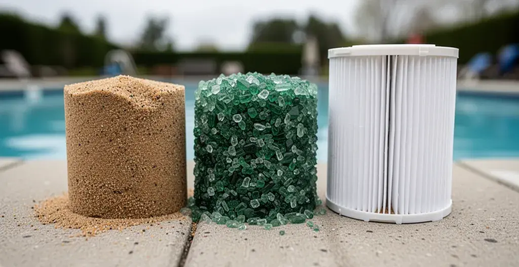 Trois types de médias filtrants piscine côte à côte : sable, verre filtrant et cartouche plissée