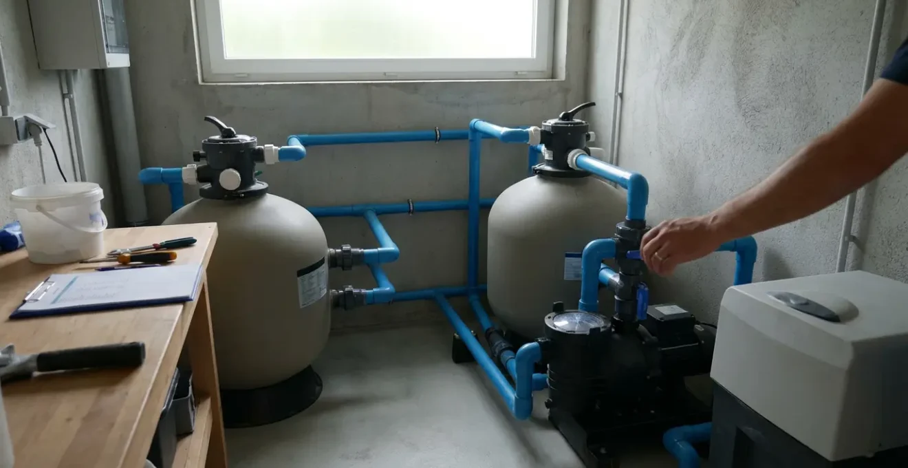 Local technique piscine moderne avec système de filtration complet et tuyauteries organisées