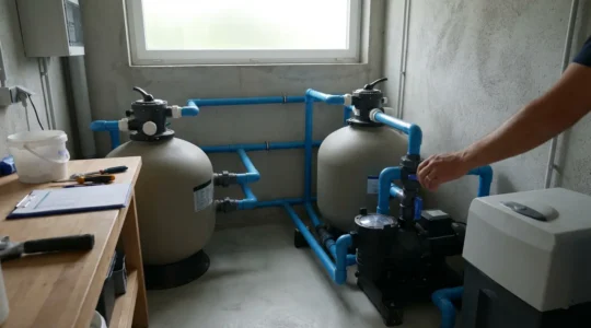 Local technique piscine moderne avec système de filtration complet et tuyauteries organisées
