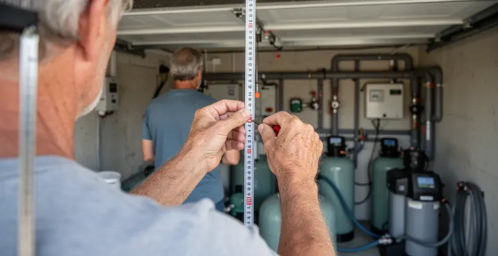 Propriétaire mesurant l'espace disponible dans son local technique pour système de filtration piscine