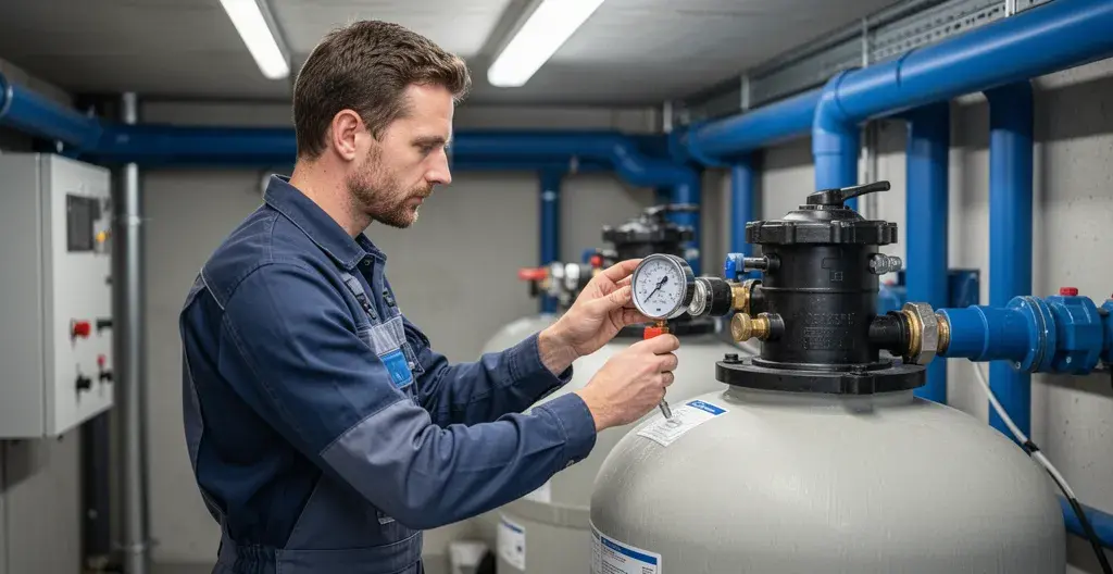 Technicien vérifiant la pression sur manomètre de filtre à sable piscine pour diagnostic filtration