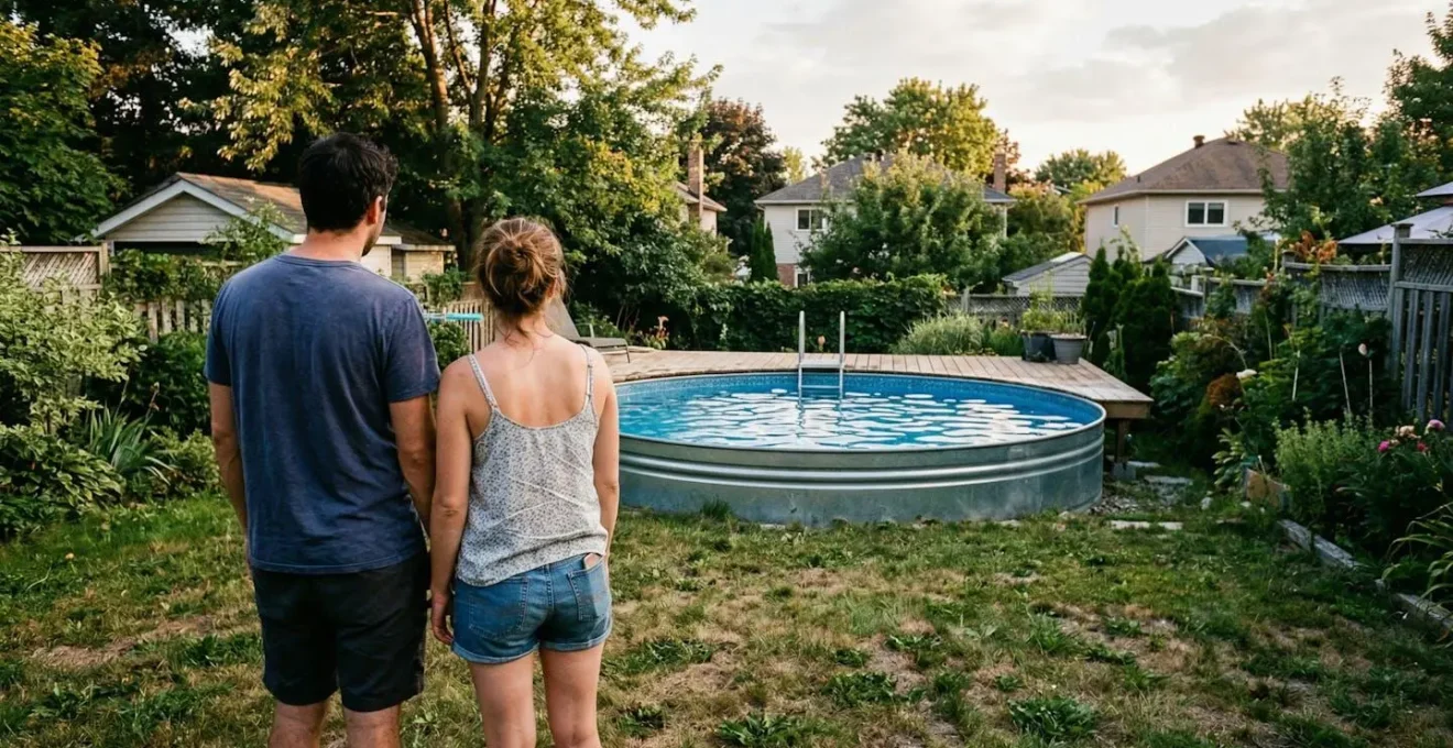 Un couple vu de dos observe une piscine hors-sol en acier installée dans leur jardin de pavillon, en fin d'après-midi estivale