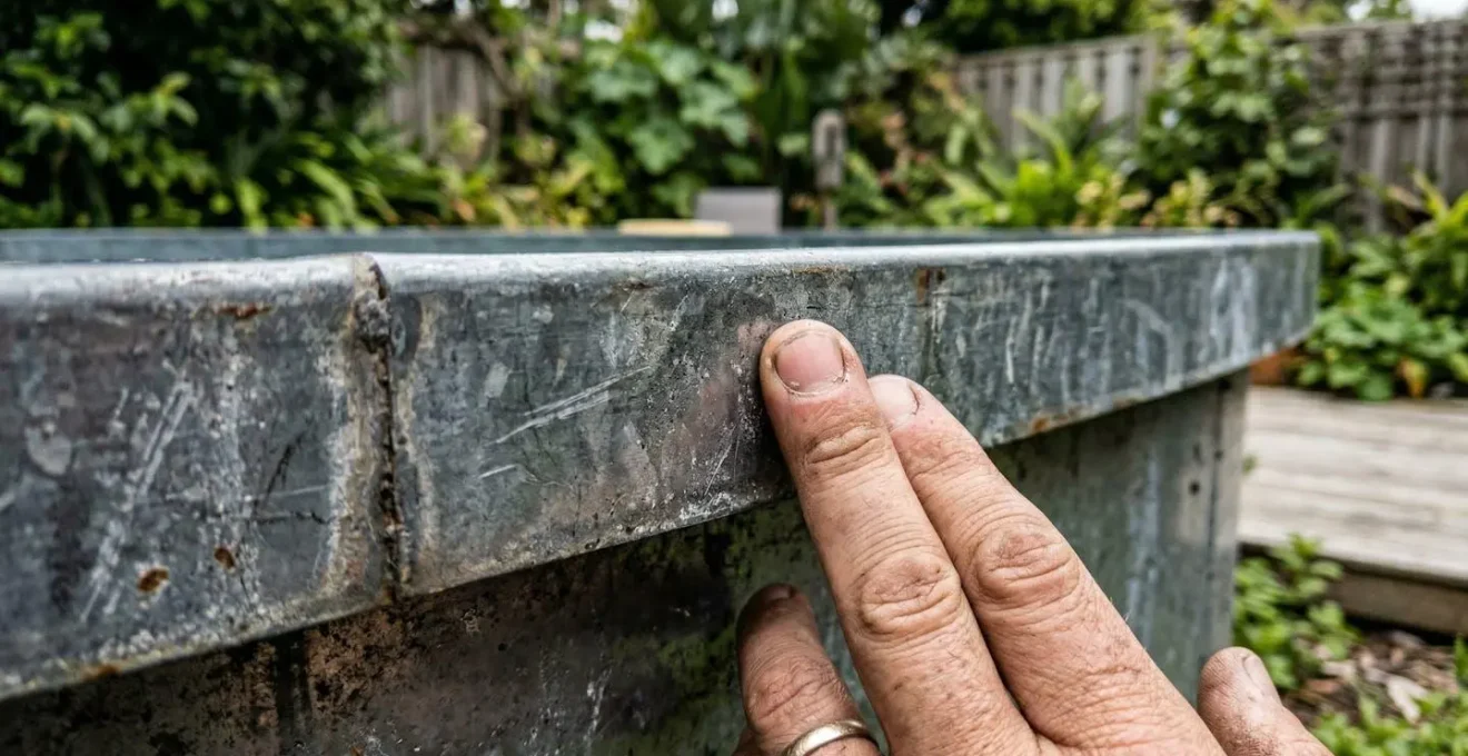 Une main qui touche et inspecte la paroi métallique d'une piscine hors-sol, gros plan sur la texture de l'acier avec un jardin flouté en arrière-plan