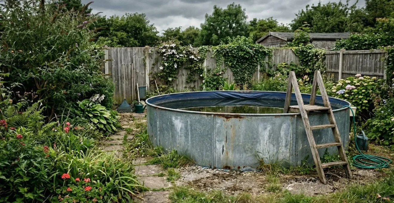 Une piscine hors-sol en acier dans un jardin réel avec des traces légères d'usure après plusieurs saisons, sous un ciel nuageux