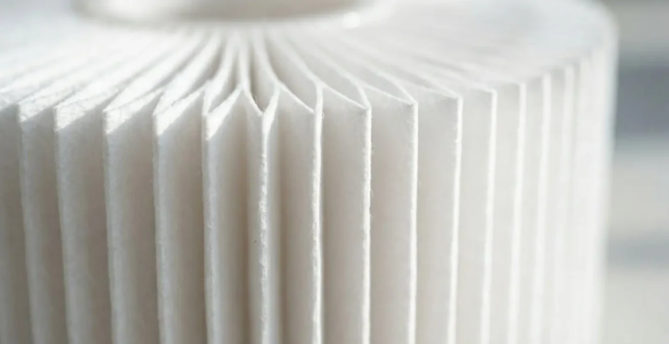 Gros plan sur les plis blancs d'une cartouche filtrante de piscine neuve posée sur une surface propre