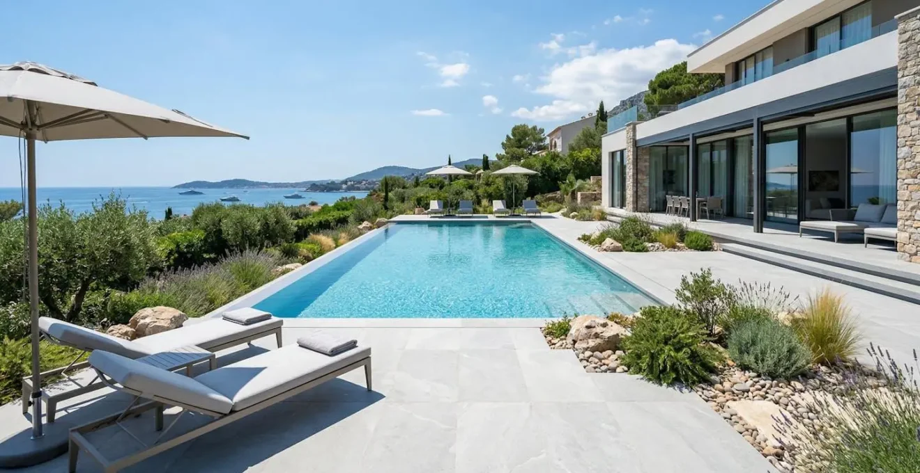 Vue grand angle d'une piscine extérieure contemporaine avec eau cristalline par temps ensoleillé, sans personne