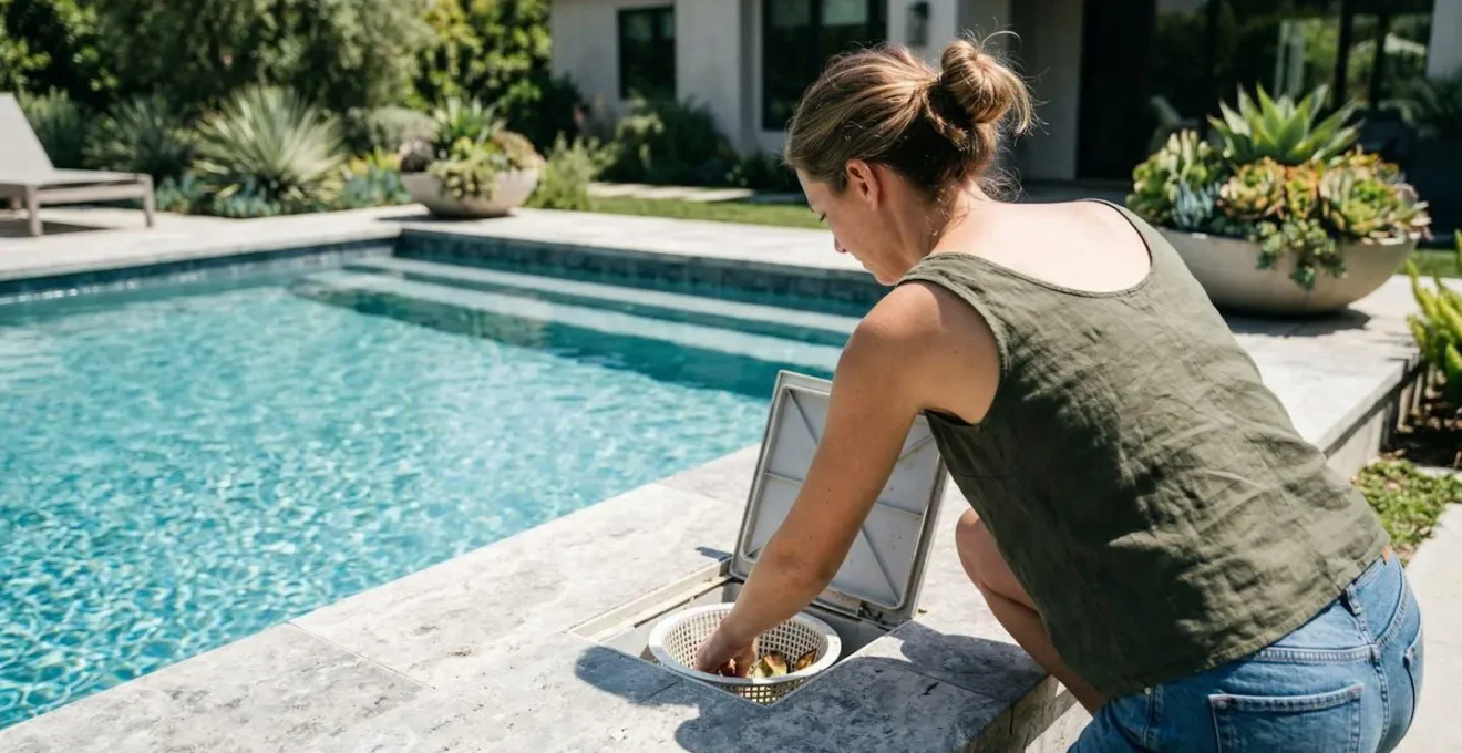 Un propriétaire de dos vérifie le panier du skimmer de sa piscine extérieure par une journée ensoleillée